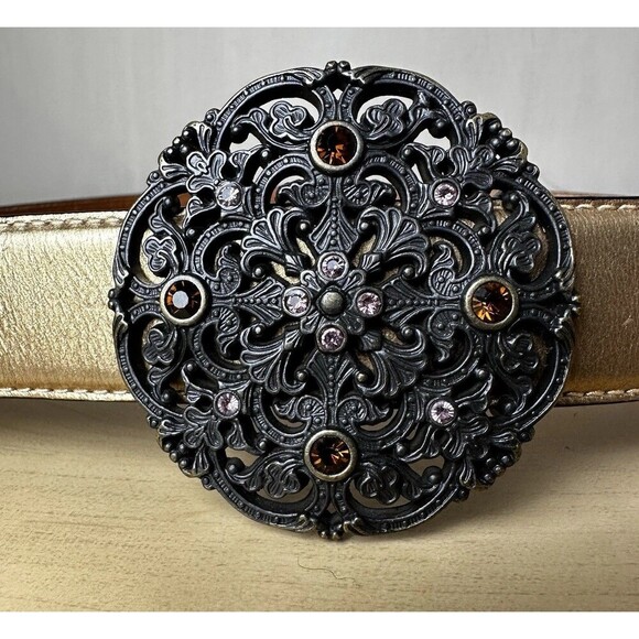 Fossil Metallic Leather Fleur De Lis Filigree Belt M | Y2K Chunky Bling Buckle - Picture 1 of 10